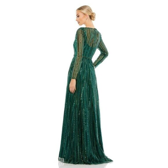 Mac Duggal Sequined Long-Sleeve Gown Women's 16 Emerald Plunging Neckline - Picture 3 of 9